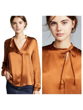 VINCE Tie Neck Silk Long Sleeve Popover Blouse Copper/Rust S